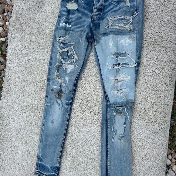 Amiri Distressed Flannel Patched Plaid Blue Jeans Size 33